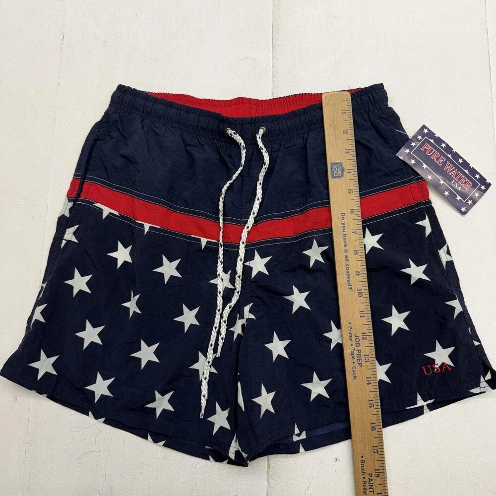 Vintage Pure Water USA Swim Shorts Mens M Blue Stars Flag Lined Trunks Patriotic